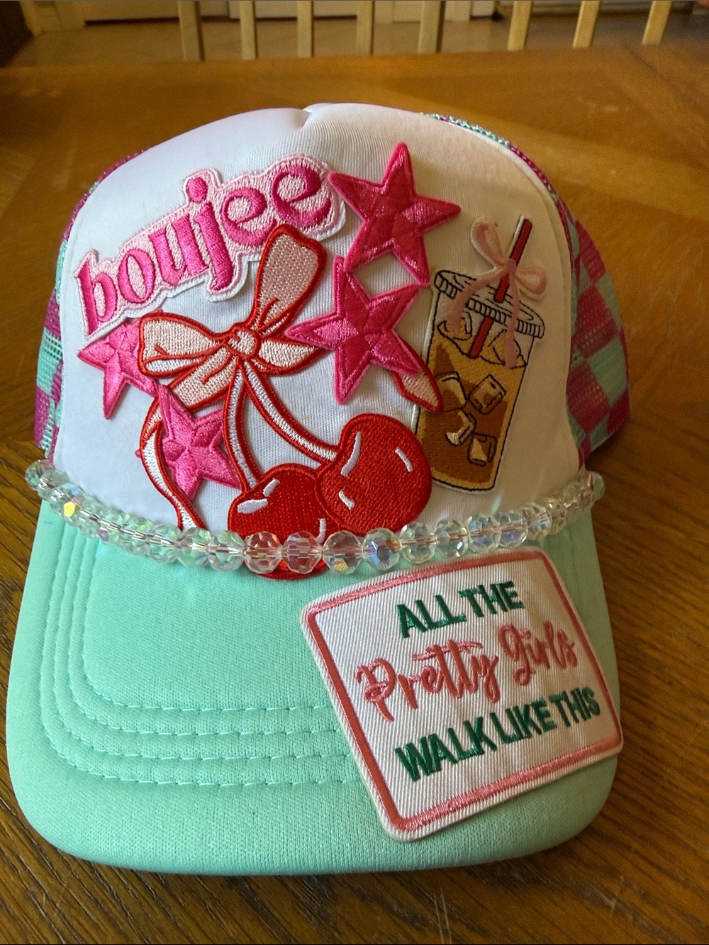 Boujee Embroidered Cherry Patch Trucker hat- Mint & Pink